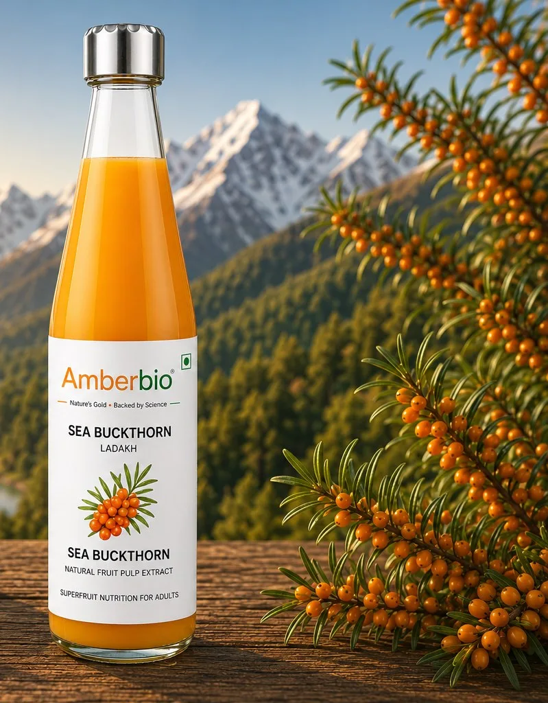 Amberbio Sea Buckthorn Juice bottle in a Ladakh valley